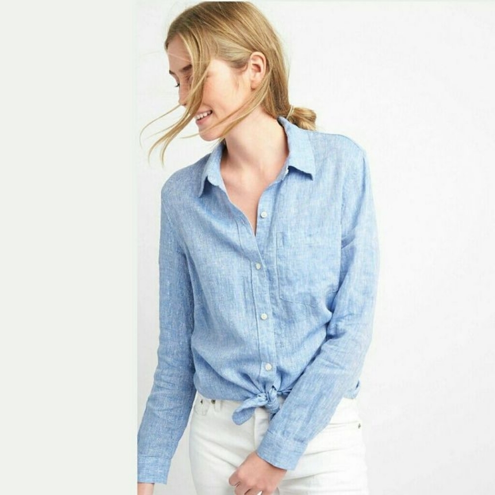 Gap Linen Boyfriend Shirt Light Blue - Picture 1 of 7
